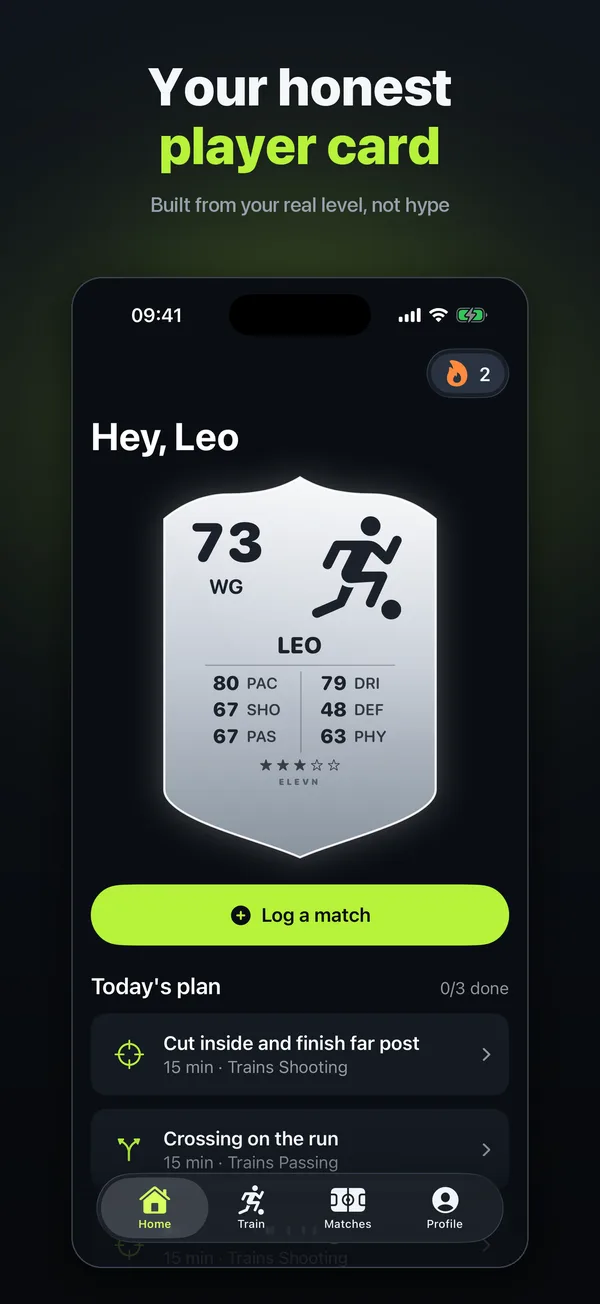 ELEVN home screen with a player card rated 73 and today's training plan
