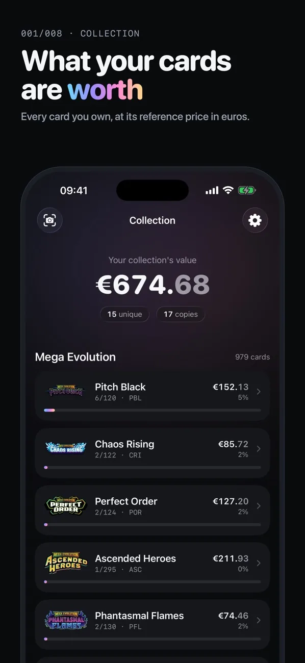 HitDex collection screen showing the total value of a card collection by set