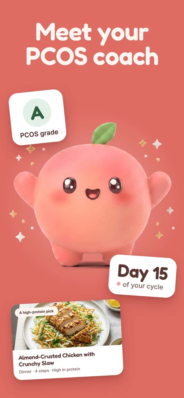 Peach home screen showing a PCOS grade, cycle day and a recipe suggestion