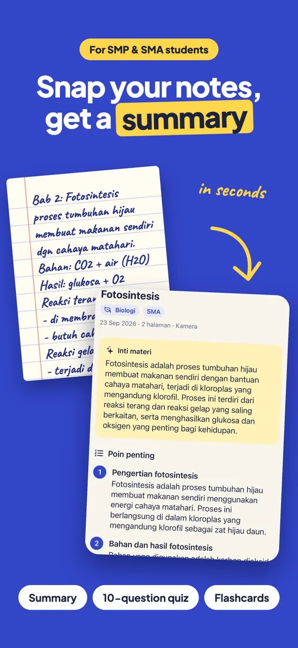 Pelajaran AI turning handwritten biology notes into a summary